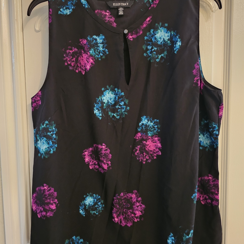 Ellen Tracy Black Top with Pink and Blue Floral Design